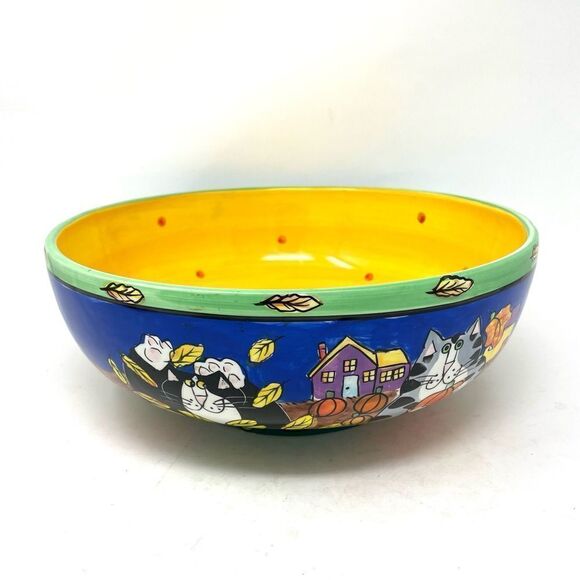 VTG Catzilla 12" Ceramic Bowl Candace Reiter Designs Cats Pumpkins Fall Autumn - Picture 1 of 5